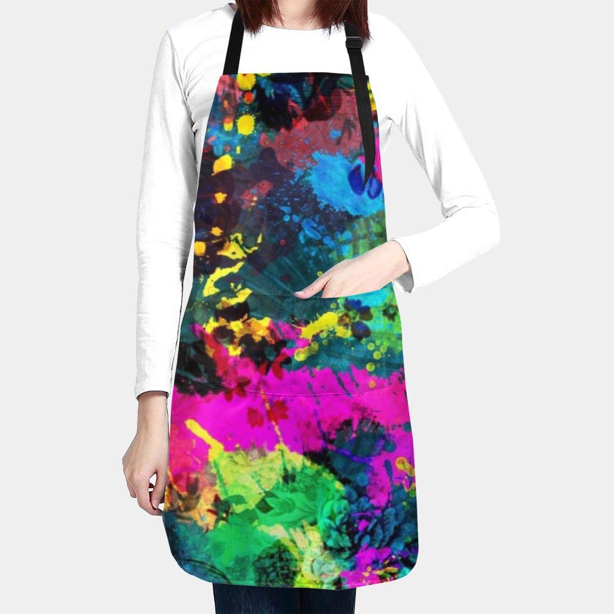 Deaowangluo Adult Size Adjustable Bib Colorful Paint Splatter Apron Extra Long Ties with Tool Pockets for Gifts-Home Kitchen Baking - WoodArtSupply