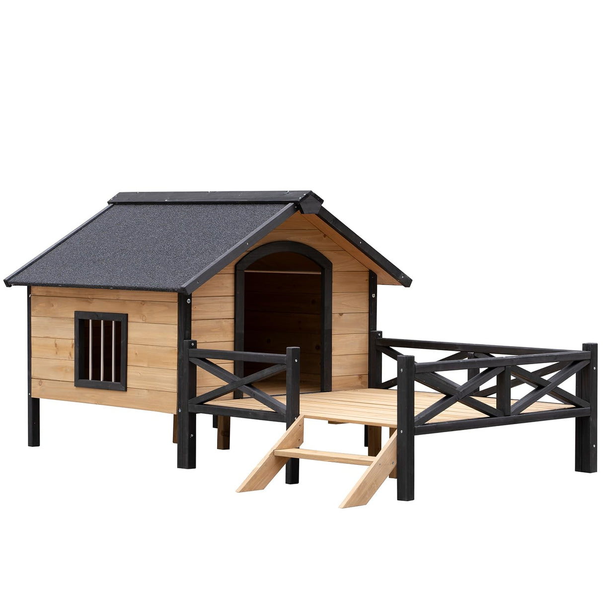 Wooden Large Dog House 43.3" L x 69.9" W x 32.7" H Extreme Outback Log Cabin Weatherproof Outdoor Pet Kennel, Cabin Style Elevated Pet Shelter AMZOSS