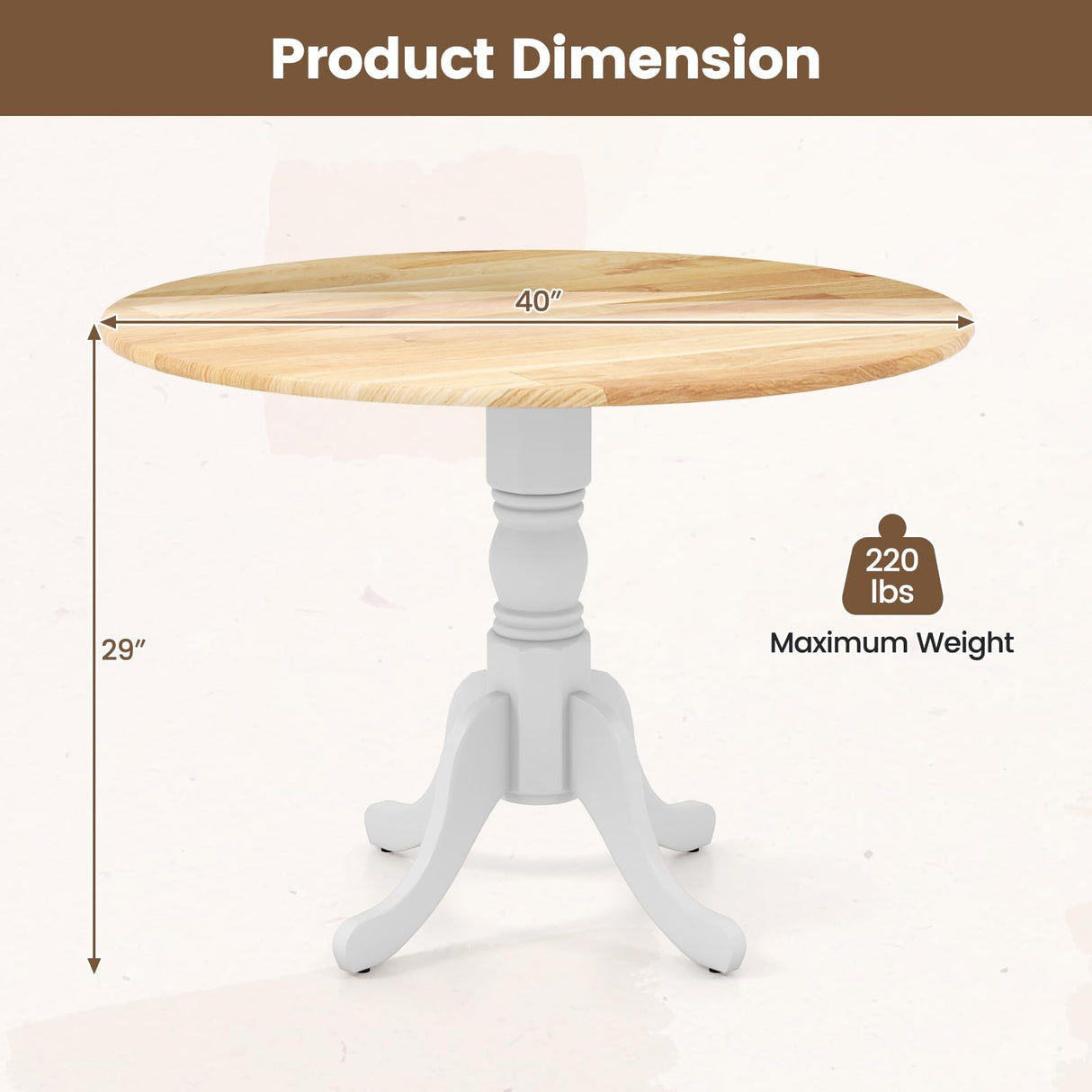 COSTWAY Round Dining Table for 4, 40-inch Wooden Kitchen Table With Solid Rubber Wood Frame, Curved Trestle Legs, Adjustable Foot Pads, Mid Century COSTWAY