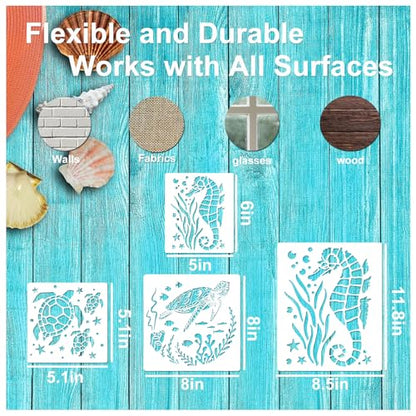Ocean Stencils for Painting On Wood Turtle Seahorse Starfish Jellyfish Templates for Art Crafts Plastic Reusable Wood Burning Stencils for Wall Canvas (Sea)
