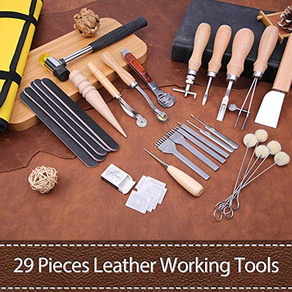 28 Pcs Leathercraft Hand Tools Kit, Upholstery Repair Kit Leather Working Tools with Leather Prong Punch, Leather Hammer, Stitching Groover, Leather - WoodArtSupply