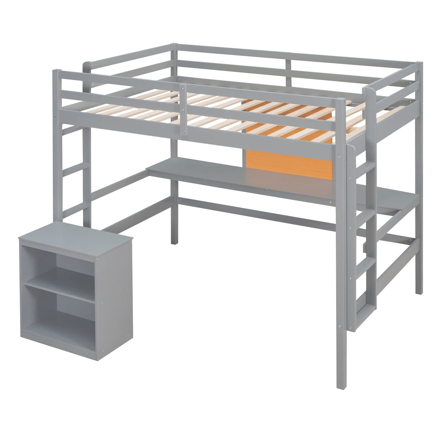 Modern Rustic Grey Loft Bed with Desk, Storage Drawers, and No Box Spring Required TMEOSK