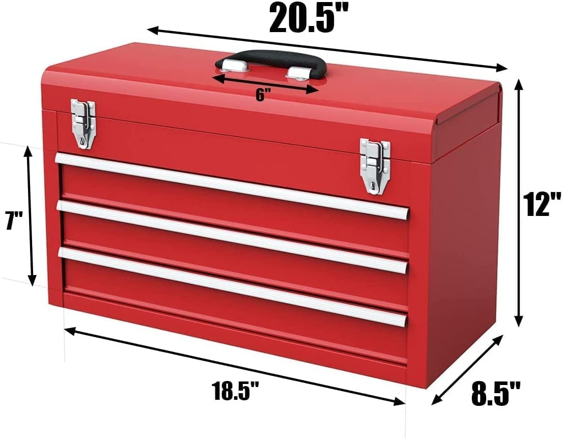 Goplus Tool Box with 3 Drawers, 20" Portable Tool Chest Organizer with Lock Latch & Liner for Garage Trunk Household, Powder Coated Steel, Red Goplus