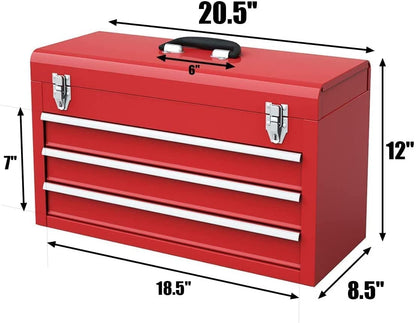 Goplus Tool Box with 3 Drawers, 20" Portable Tool Chest Organizer with Lock Latch & Liner for Garage Trunk Household, Powder Coated Steel, Red - WoodArtSupply