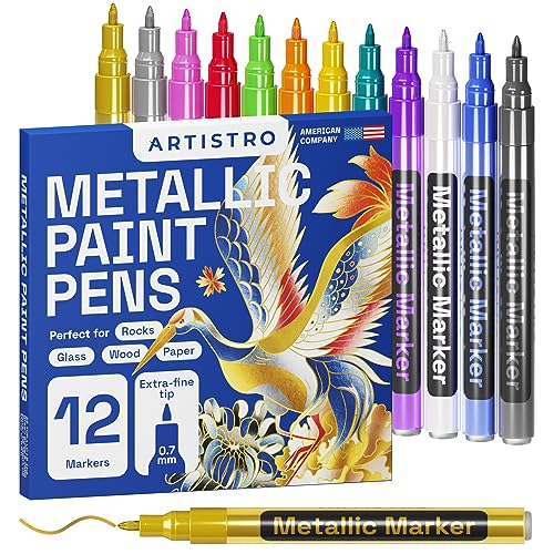 ARTISTRO Metallic Paint Pens for Rock Painting, Stone, Ceramic, Glass, Wood, Fabric, Pebbles, Scrapbook Journals, Photo Albums, Card Stocks. Set of ARTISTRO