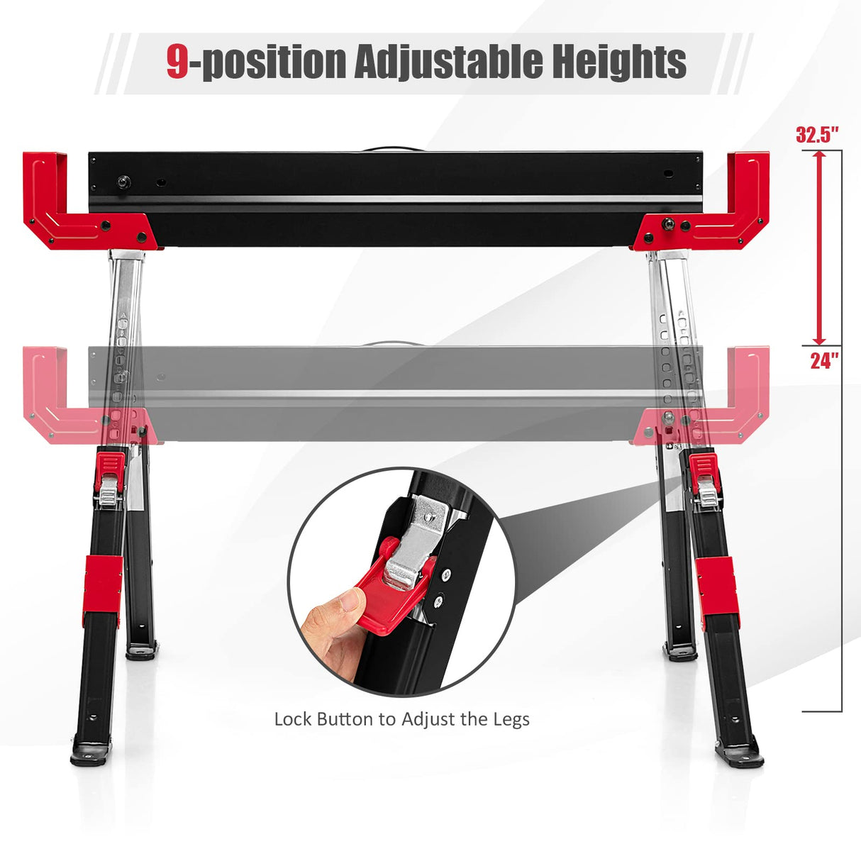 GOFLAME Folding Sawhorses 2 Pack, Portable Sawhorse with Height Adjustable Legs, Metal Top for 2 x 4, Easy Carry Handle, Heavy-Duty Steel Sawhorse GOFLAME