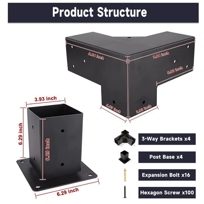 3-Way DIY Pergola Bracket Kit for 4x4 Inch Wood Beams - Huzxbw Ideal for DIY Pergola Projects (3-Way Corne Brackets with Post Bases)… - WoodArtSupply