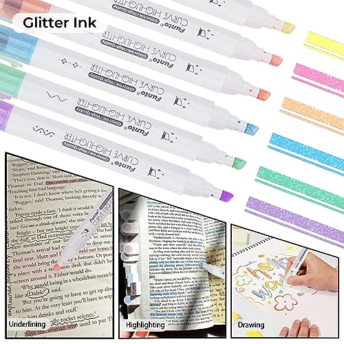 Funto Curve Highlighter Pen Set for Note Taking, 8 Pens, Dual-Tip with 6 Curve Shapes, 6 Glitter Chisel Tips, 2 Fineliner Pens, Ideal for - WoodArtSupply