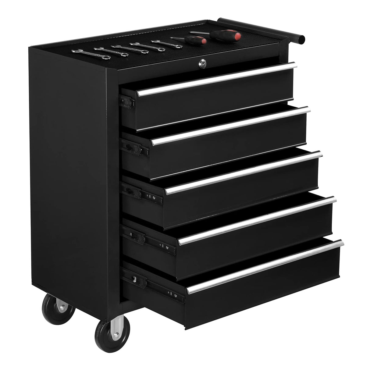 TUFFIOM 5-Drawer Rolling Tool Chest w/Lock & Key, Tool Storage Cabinet with Wheels, Top Cushion & Drawer Liners, Tool Organizer Box for Garage, TUFFIOM
