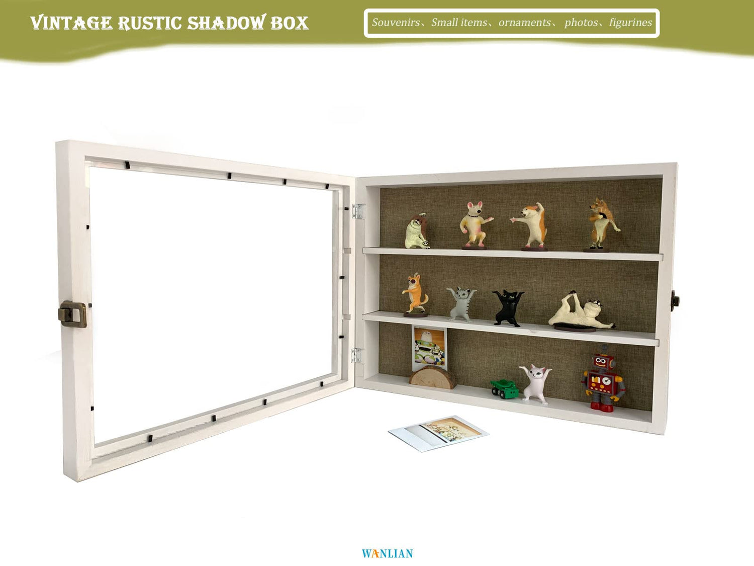 WANLIAN Large Shadow Box with Shelves, 16x14 Wooden Shadow Box Display Cabinet with Acrylic Window, 2 Removable Shelves and Linen Back, for WANLIAN