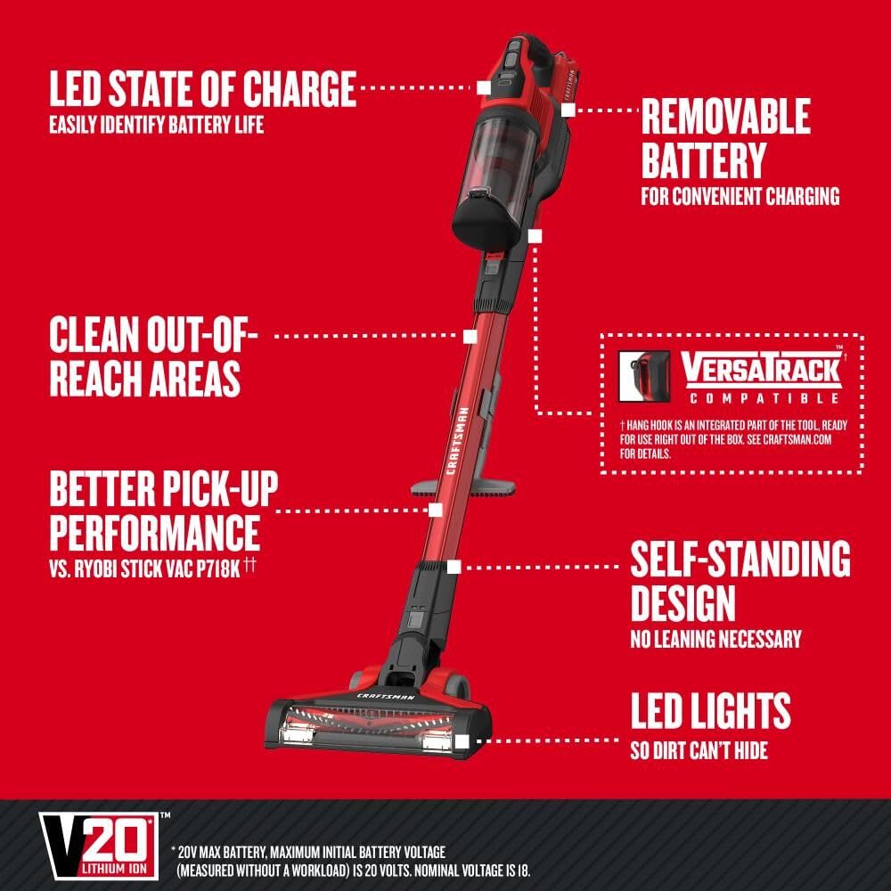 CRAFTSMAN V20 Cordless Stick Vacuum Kit, Removable Battery Included (CMCVS001D1) - WoodArtSupply