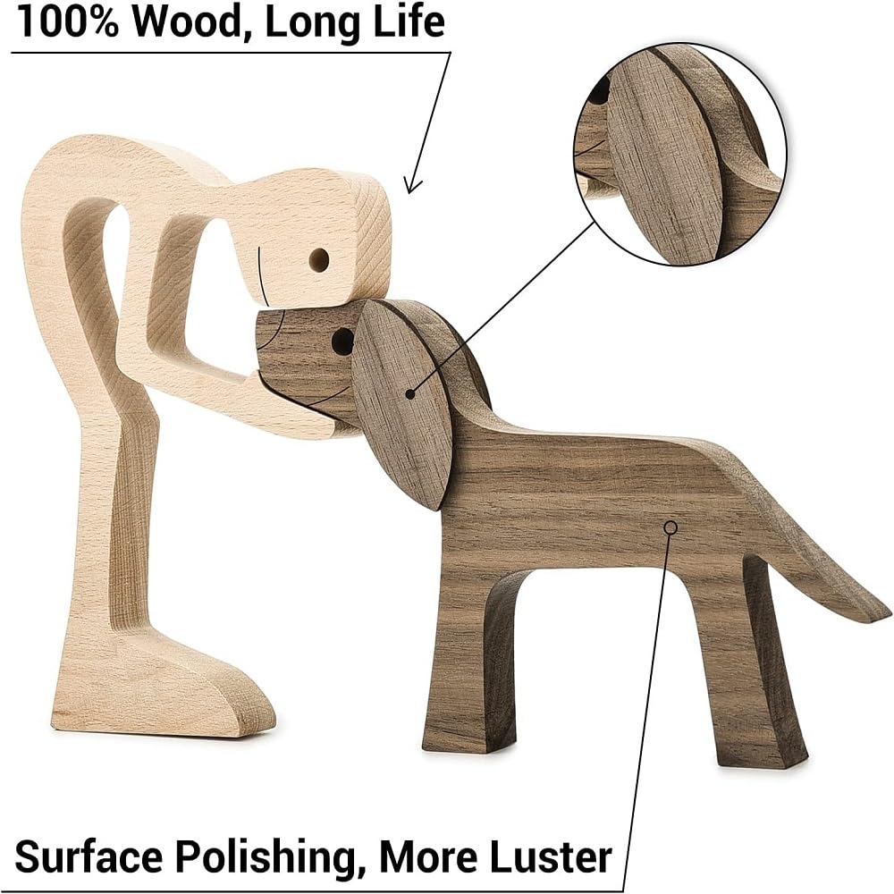 FHDTW Handmade Wooden Dog Unique Gift for Dog Lover, Wooden Man and Dog Carving Statue, Wood Dog Sculpture Home Office Tabletop Figurine Carved Wood FHTDW