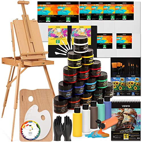 VISWIN Deluxe Acrylic Paint Set, Artist Painting Set with French Easel, 15-100ML(3.38 oz) Acrylic Paints, 12-60ML(2 oz)Pouring Paints, Premium - WoodArtSupply