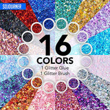Chunky Holographic Body Glitter I 16 Colors + Glitter Glue for Face Glitter Makeup, Hair, Eye & Fine Glitter Eyeshadow - Perfect for Halloween, SoJourner Bags