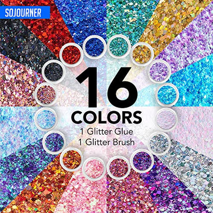 Chunky Holographic Body Glitter I 16 Colors + Glitter Glue for Face Glitter Makeup, Hair, Eye & Fine Glitter Eyeshadow - Perfect for Halloween, - WoodArtSupply