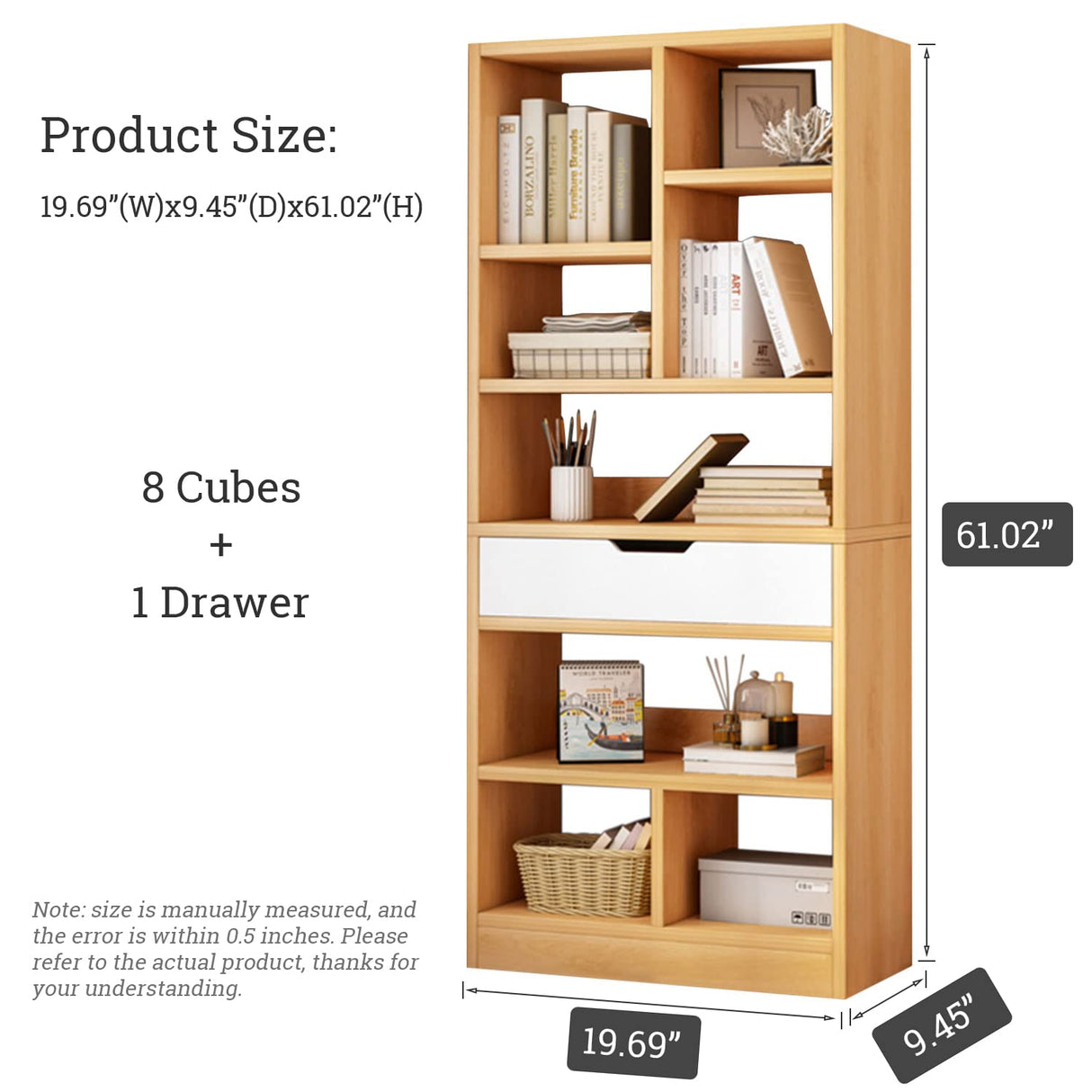 IOTXY Scandinavian Wooden Open Shelf Bookcase with 8 Cubes and Drawer – 61-Inch Freestanding Storage Cabinet IOTXY