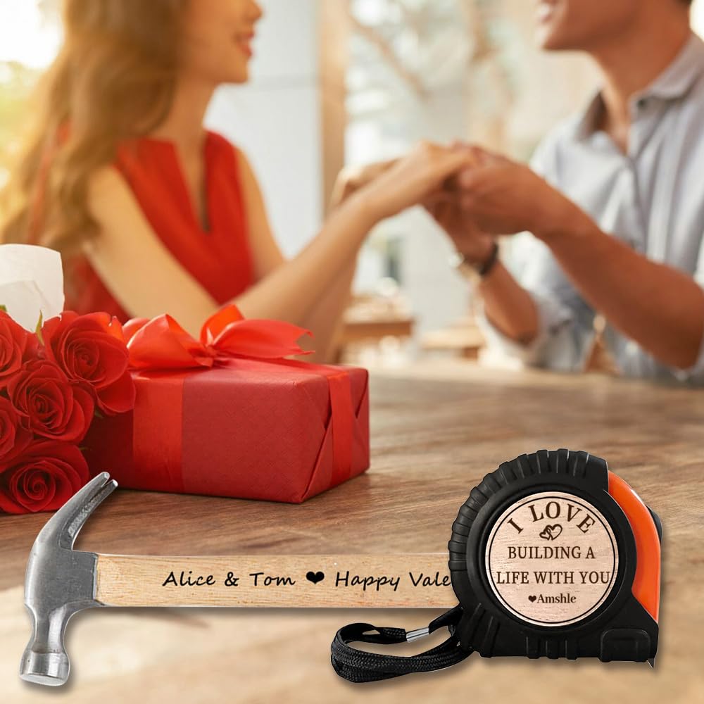 Personalized Tape Measure Hammer Set for Valentine, Customized I Love Building a Life with You Measuring Tape Wood Handle Hammer Set, Valentines Day - WoodArtSupply