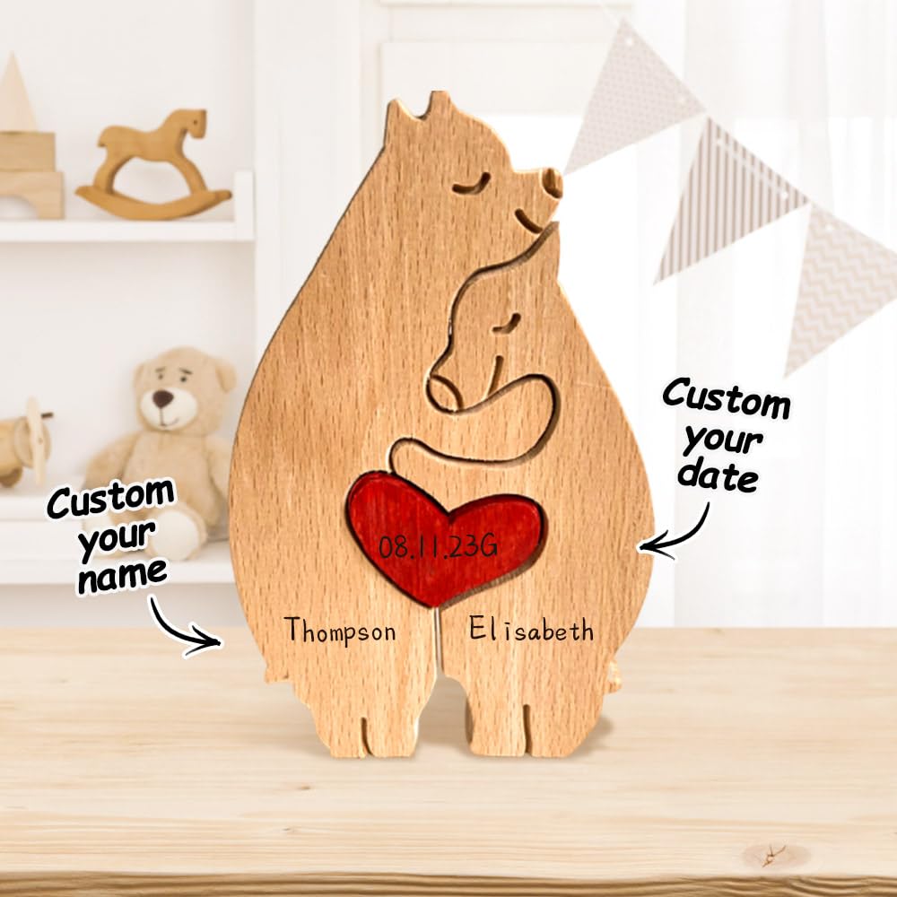 Personalized Wooden Bears Family Puzzle Gifts with Name Customizable Wooden Puzzle with 1-8 Name Decorative Piece for Home Decor and Birthday Gifts - WoodArtSupply