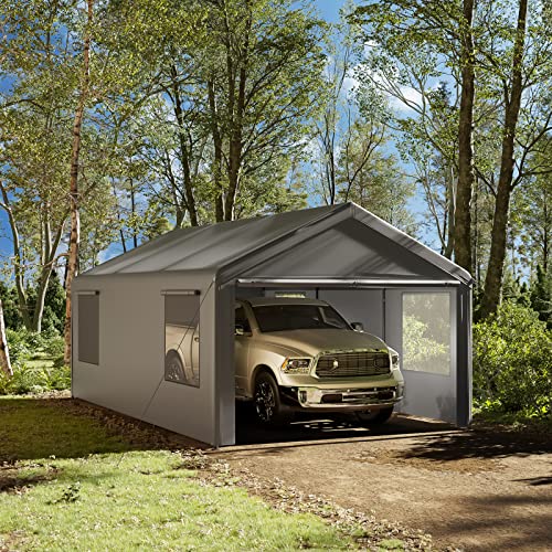Gardesol Carport, 12'x20' Extra Large Heavy Duty Carport with Roll-up Ventilated Windows, Portable Garage with Removable Sidewalls & Doors for Car, Gardesol