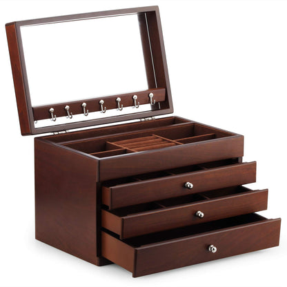 A&A Large Solid Wooden Jewelry Organizer Box with 3 Drawers Storage Case Devices and Mirror for Women Brown - WoodArtSupply