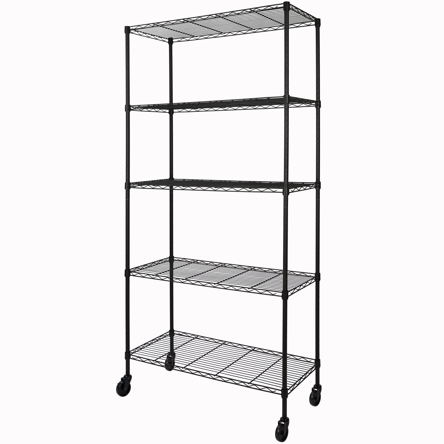 5-Shelf Adjustable Heavy Duty Storage Shelving Unit on 4 Wheel Casters, Metal Organizer Wire Rack for Laundry Bathroom Kitchen Pantry Closet, Black Soywey