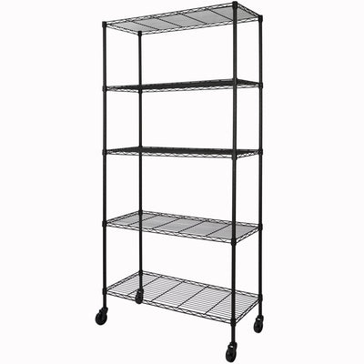 5-Shelf Adjustable Heavy Duty Storage Shelving Unit on 4 Wheel Casters, Metal Organizer Wire Rack for Laundry Bathroom Kitchen Pantry Closet, Black