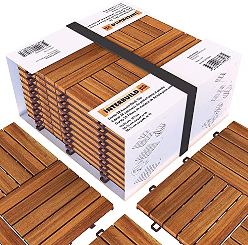 Interbuild Acacia Hardwood Interlocking Patio Deck Tiles, 12" × 12" (Pack of 10), Easy to Install Floor Tile for Both Indoor & Outdoor Use - Golden