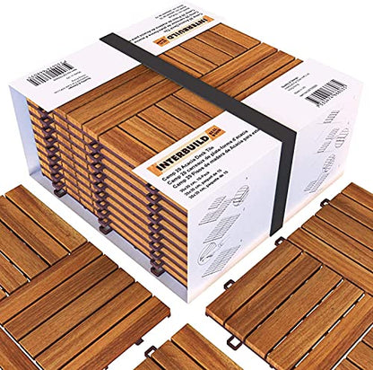 Interbuild Acacia Hardwood Interlocking Patio Deck Tiles, 12" × 12" (Pack of 10), Easy to Install Floor Tile for Both Indoor & Outdoor Use - Golden