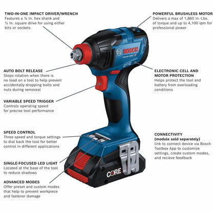 BOSCH GDX18V-1860CB15 18V Connected-Ready Two-In-One 1/4 In. and 1/2 In. Bit/Socket Impact Driver/Wrench Kit with (1) CORE18V 4 Ah Advanced Power - WoodArtSupply