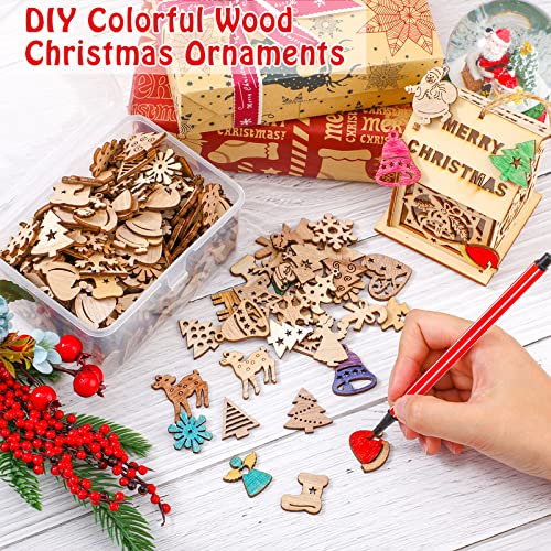 200 Pieces Christmas Unfinished Mini Wooden Ornaments Halloween Thanksgiving DIY Mini Wood Blank Cutouts with Storage Box and Twine for Christmas Yookeer