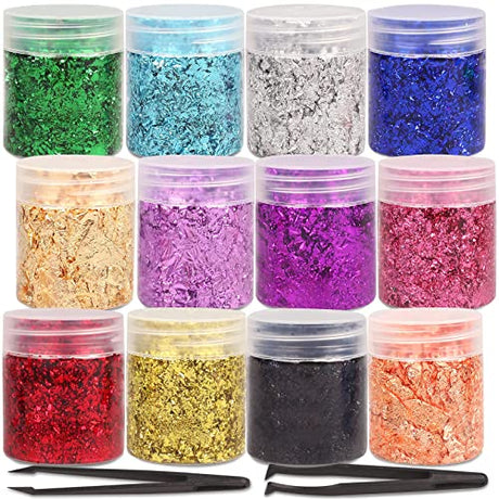 Gold Foil Flakes,12 Colors Gold Foil Gilding Flakes,Gold Foil Flakes for Resin,Metallic Flakes for Nails,Crafts,Home Decoration,Painting Abeewin