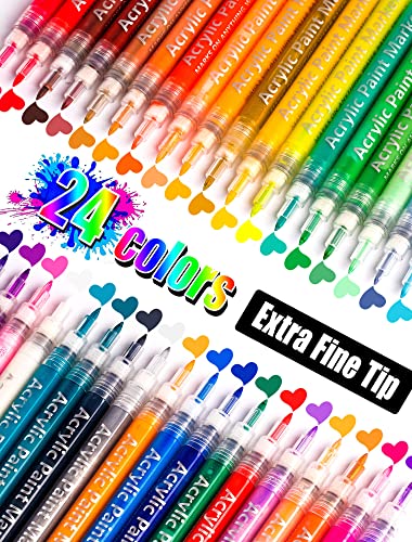 24 Colors Paint Pens Paint Markers,Extra Fine Tip Point Acrylic Paint Pens For Rock Painting, Canvas, Wood, Glass, Ceramic, Fabric, acrylic paint Coogert