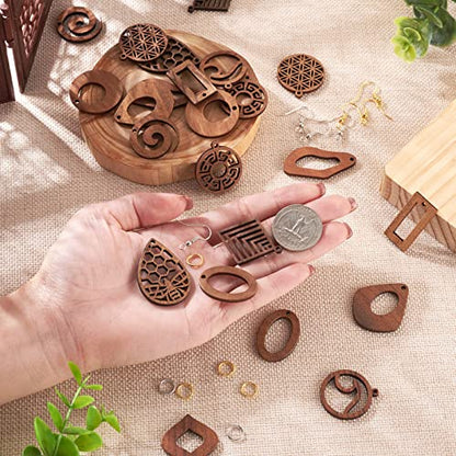 FASHEWELRY 24Pcs Natural Filigree Wood Earring Charms Blank Flat Round Teardrop Oval Walnut Wooden Pendants with 120pcs Earring Hooks Jump Rings for