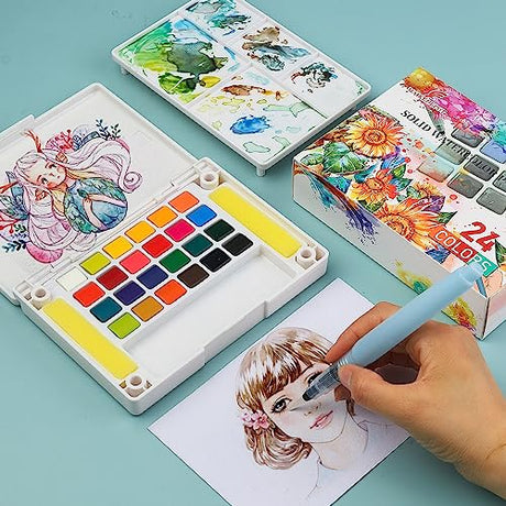 MAIKEDEPOT Watercolor Paint Set,24 Vivid Colors Watercolor Sketching Kit Painting Set with Water Brush Pens,24 Sheets Watercolor Papers,3 Online MAIKEDEPOT