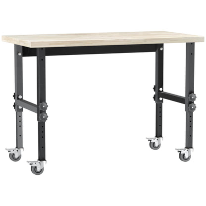 HOMCOM 47" Work Bench with Height Adjustable Legs, Bamboo Tabletop Workstation Tool Table on Wheels for Garage, Weight Capacity 1320 Lbs, - WoodArtSupply