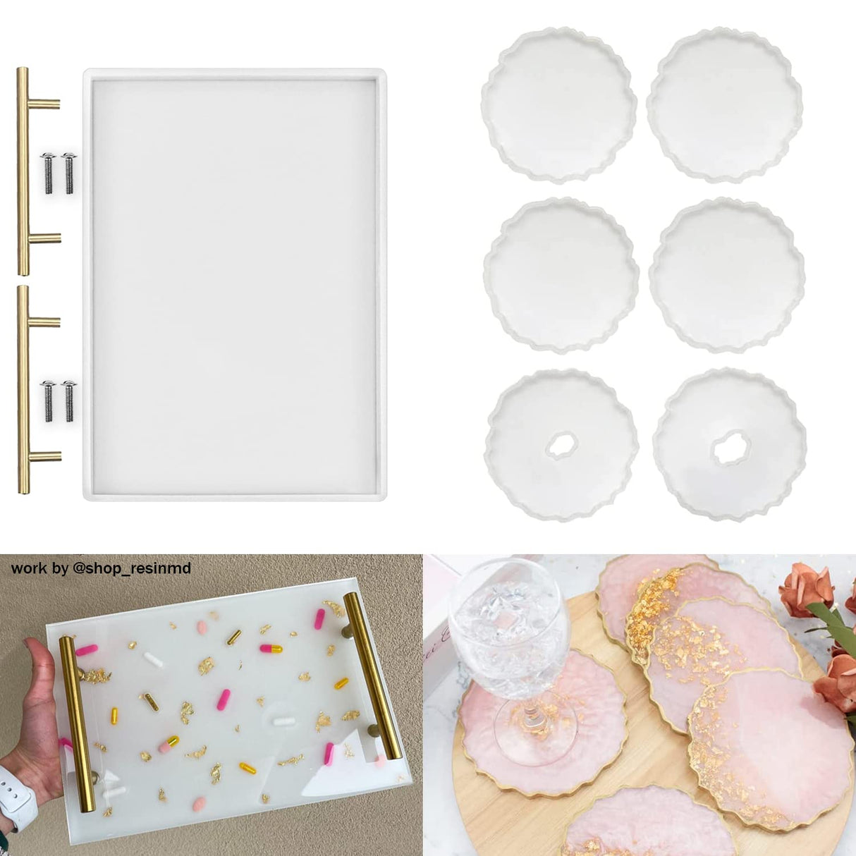 ResinWorld 6 Pack Geode Coaster Molds for Resin + Large Tray Mold with Handles, Rectangle Silicone Tray Molds ResinWorld