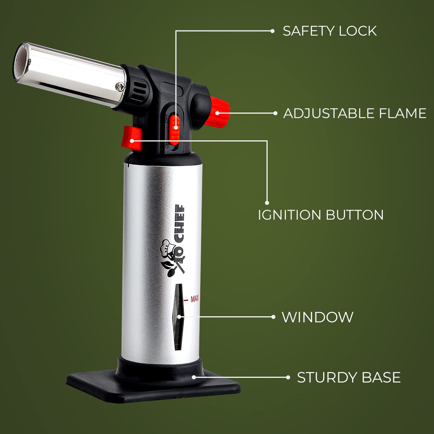 Jo Chef Kitchen Torch With Butane included, Refillable Torch, Creme Brulee Blow Lighter gun Safety Lock & Adjustable Flame, Culinary Cooking for Jo Chef