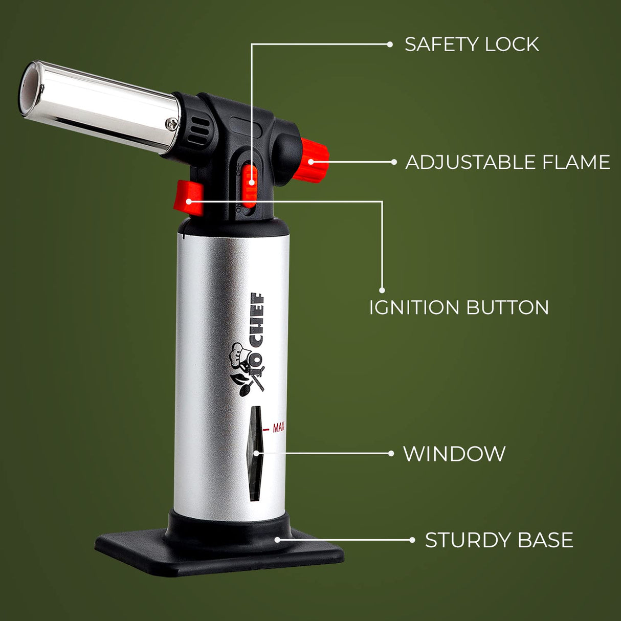Jo Chef Kitchen Torch With Butane included, Refillable Torch, Creme Brulee Blow Lighter gun Safety Lock & Adjustable Flame, Culinary Cooking for Jo Chef