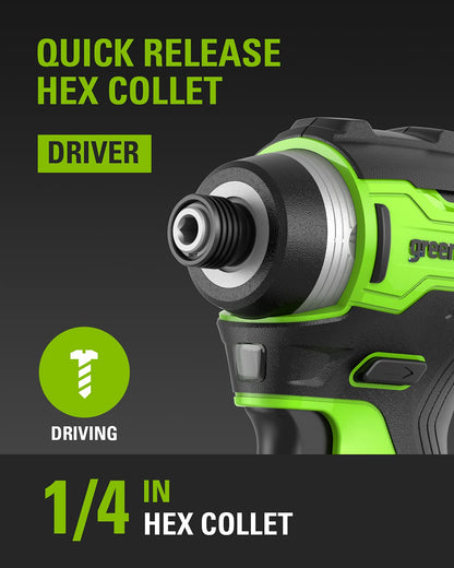 Greenworks 24V Brushless Cordless Drill Impact Driver Combo kit, 1/2”Drill & 1/4”Hex Impact Driver Power Tool Kit, Included 2 Batteries, 1 Charger, 8