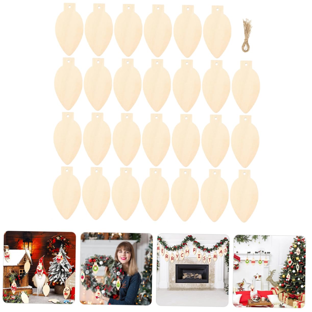 Artibetter 50pcs Christmas Wooden Cutout Unfinished Light Bulb Wooden Slices DIY Wooden Slice with Rope Wooden Christmas Ornaments Decor Kindergarten ARTIBETTER