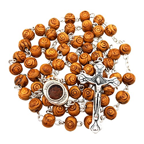 TALISMAN4U CATHOLIC ROSARY NECKLACE Olive Wood Carved Beads With Jerusalem Soil & Cross Crucifix in Gift Box TALISMAN4U