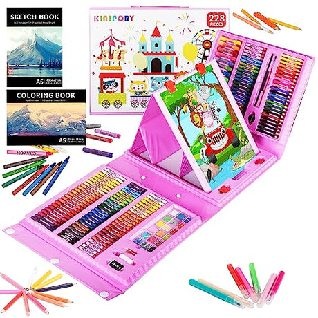 KINSPORY Art Supplies, 228 Pack Art Sets Crafts Drawing Coloring kit, Double-Side Trifold Easel, Oil Pastels, Crayons, Colored Pencils, Creative Gift KINSPORY