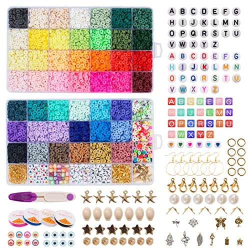 Maxzola inc. 12870 Pcs Clay Beads for Bracelet Necklace Jewelry Making Kit, Polymer Flat Round Beads with Elastic Strings Pendant Charms Set - WoodArtSupply