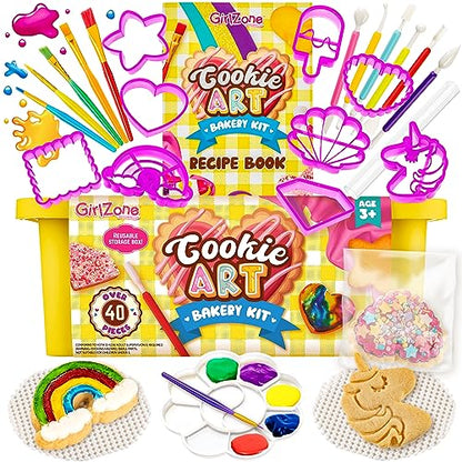 GirlZone Cookie Art Bakery Kit, Decorate Cookies Using Sugar Cookie Decorating Supplies with Stencils, Brushes and Cutters, Fun Cookie Decorating Kit - WoodArtSupply