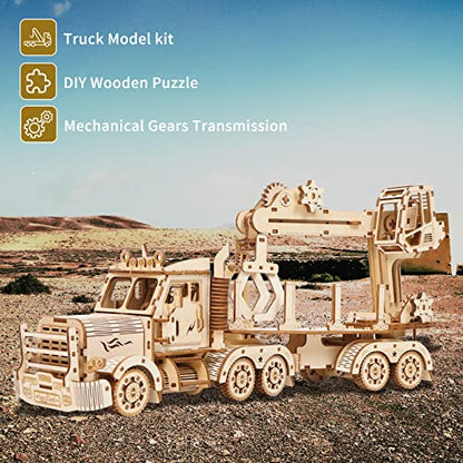 3D Wooden Puzzle for Adults, Wooden Mechanical Truck Crane Puzzles, DIY Model Building Kit Handicraft Wood Craft Hobbies Toy, Birthday for Hobbyist Teens Family Women Men, 428 Pieces