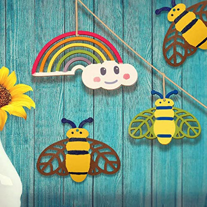 30pcs Bee Wood DIY Crafts Cutouts Blank Wooden Honeybee Shaped Hanging Ornaments with Hole Hemp Ropes Gift Tags for Kid's DIY Projects Spring Summer