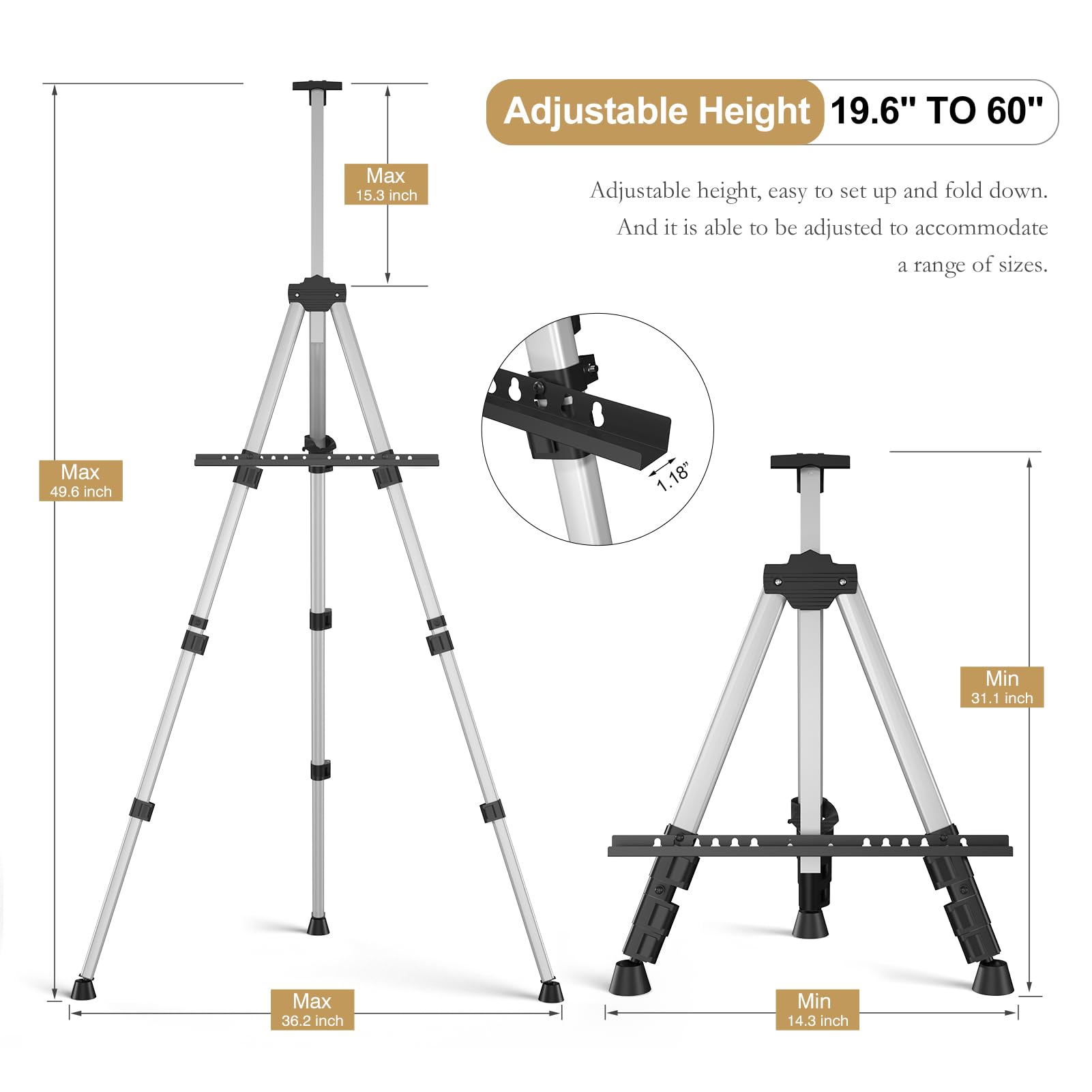 Art Painting Display Easel Stands - Portable Adjustable Aluminum Metal Tripod Artist Easels with Bags, Height from 17" to 66", Extra Sturdy for - WoodArtSupply