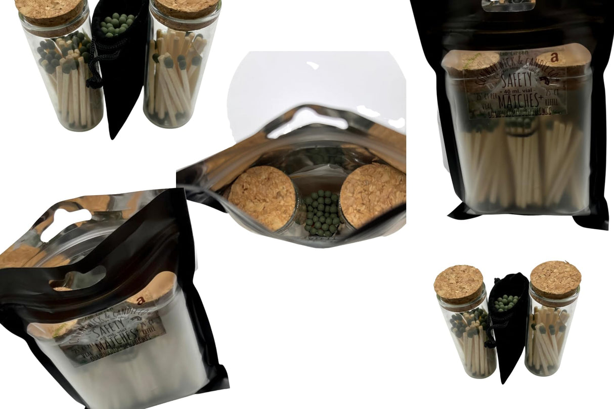 APOTHECARY SAFETY MATCH TWIN PACK W/REUSABLE (40ML) GLASS VIAL(2) WITH CORK LID, 25CT GO GREEN PER VIAL(50)+25CT REFILL=75CT TOTAL The Conway Wick & Candle