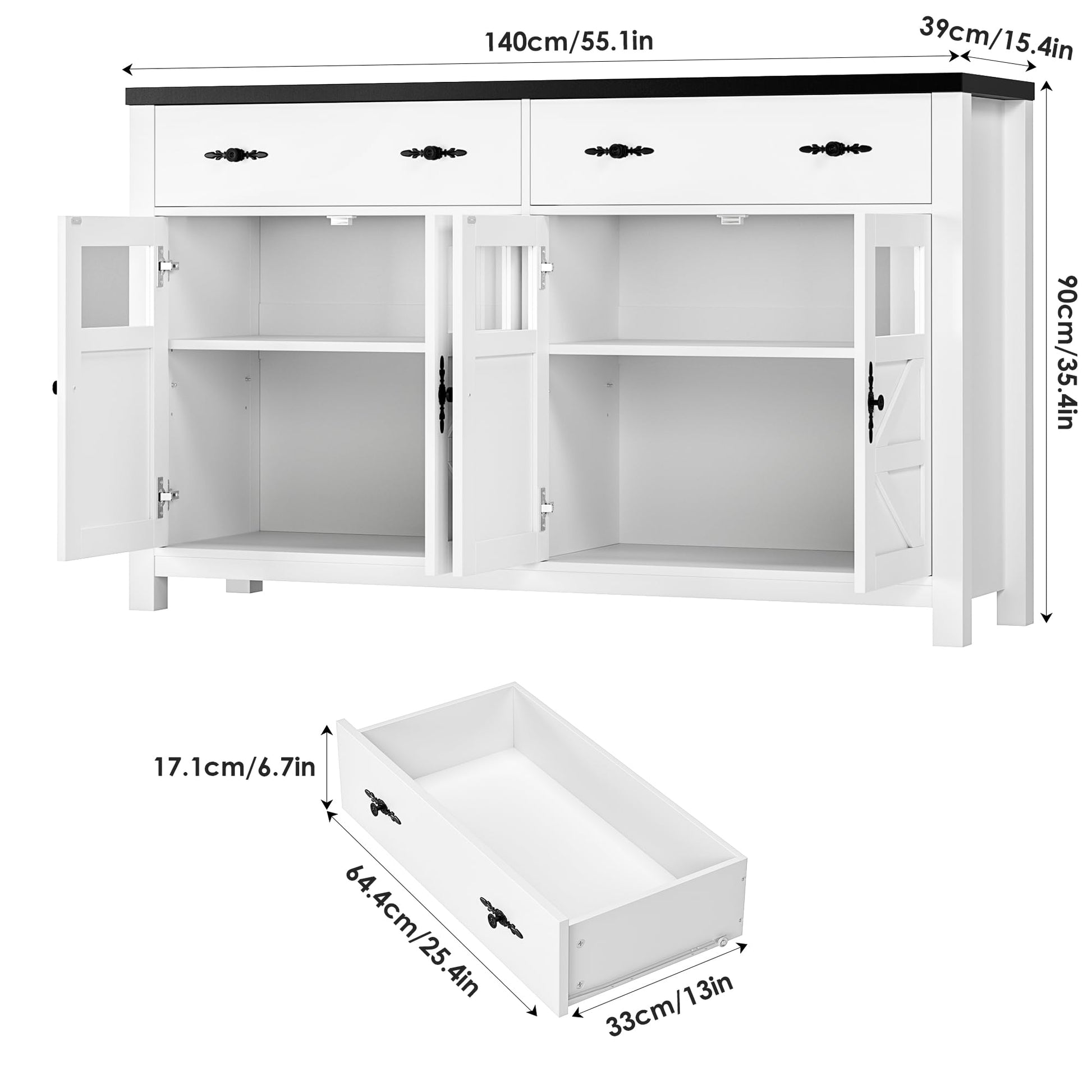 finetones Buffet Cabinet with Storage, 55.1" Large Sideboard Buffet Cabinet, Farmhouse Sideboard Kitchen Cabinet with 2 Drawers and 4 Doors, Wood - WoodArtSupply