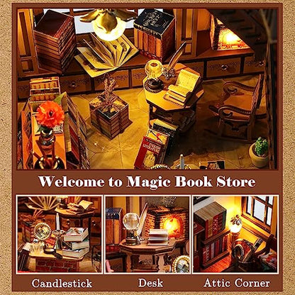 DIY Miniature Wooden Dollhouse Kit: Magic Book Store House with Furniture and LED - Great Handmade Crafts Model Building Kit Decor Gifts for Adults